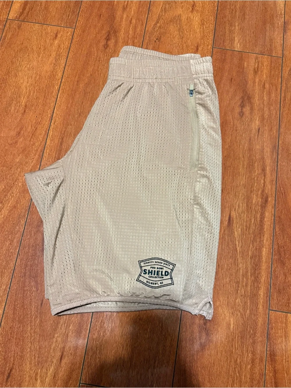 Men's Tan Athletic Mesh Shorts with Logo Accents